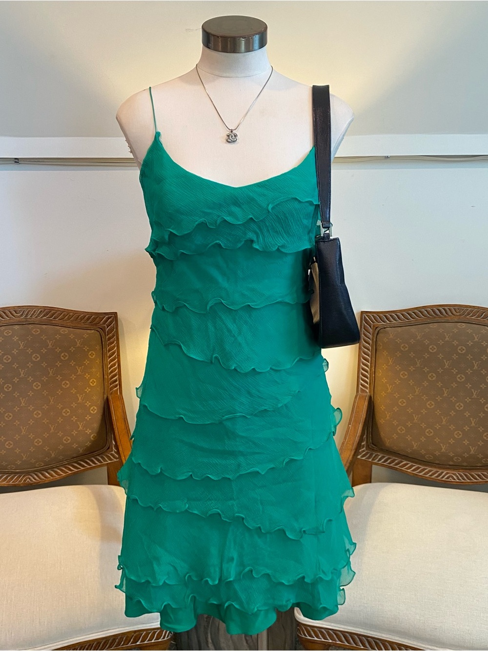 Vintage 90s Silk Chiffon Tiered Ruffle Mini Dress in Emerald Green SHAWN RAY FON